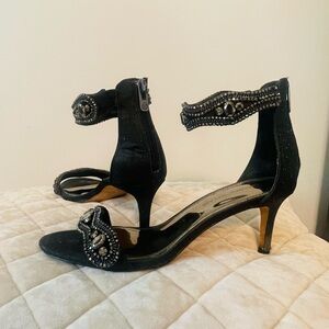 ANTONIO MELANI Gun Metal Deep Grey Heels with Ankle Strap and Perforated Design